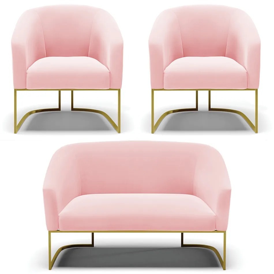 Namoradeira e 2 Poltronas Industrial Dourado Stella Suede Rosa Bebê D03 - D'Rossi