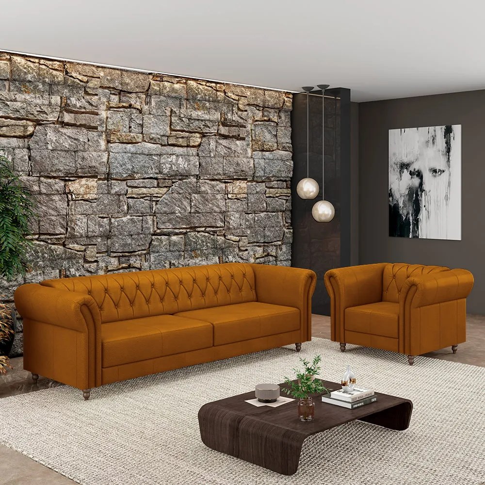 Conjunto Sala de Estar 1 Sofá Living 200cm e 1 Poltrona Stanford Chesterfield Pés Madeira Couro Mel G58 - Gran Belo