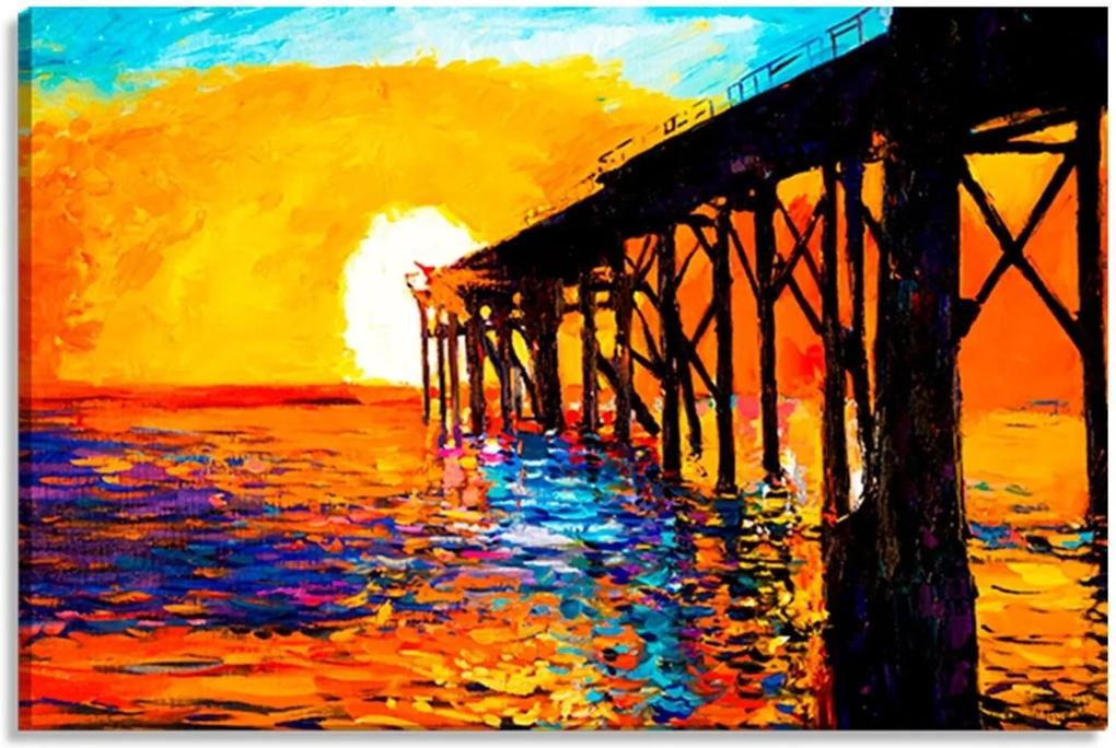 Tela Decorativa Estilo Pintura Pôr do Sol Trapiche Mar - Tamanho: 60x90cm (A-L) Unico