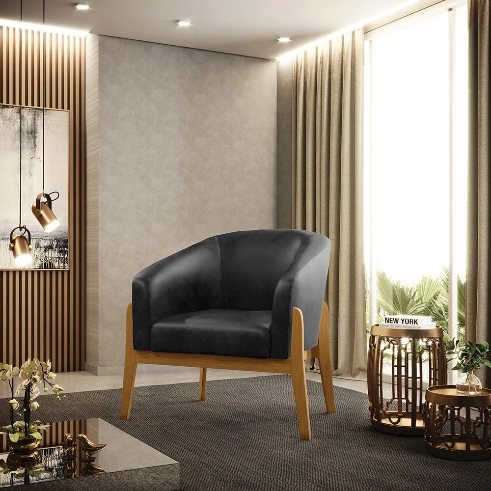 Poltrona Decorativa Base de Madeira kit 2 Stella Sintético PU D03 - D'Rossi - Preto