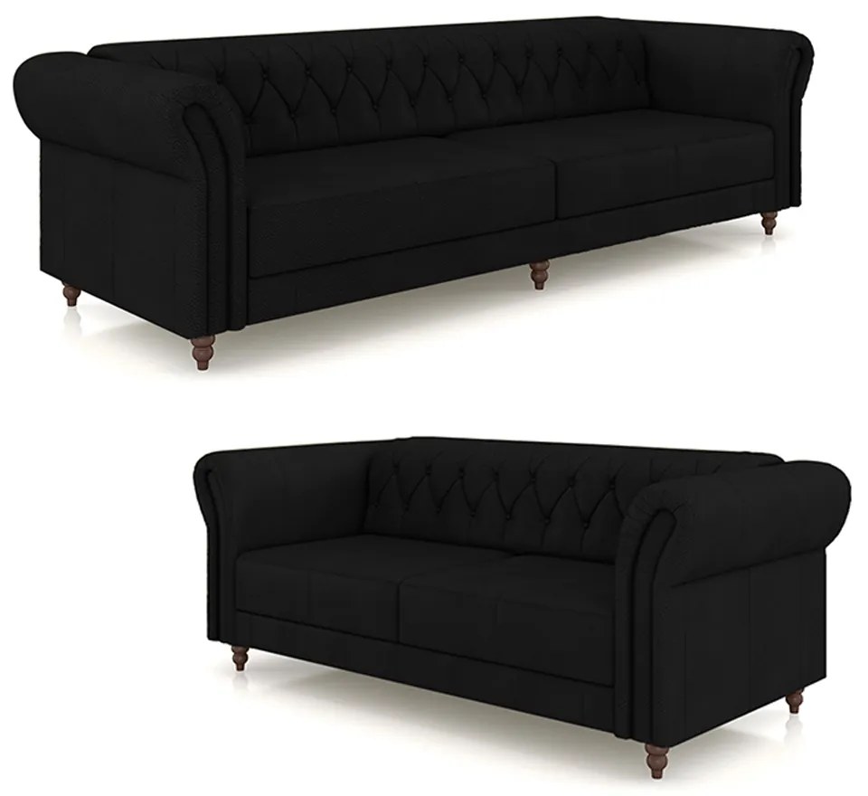 Conjunto de Sofá Sala de Estar Stanford Chesterfield 2 e 3 Lugares 200cm/260cm Pés Madeira Couro Preto G58 - Gran Belo