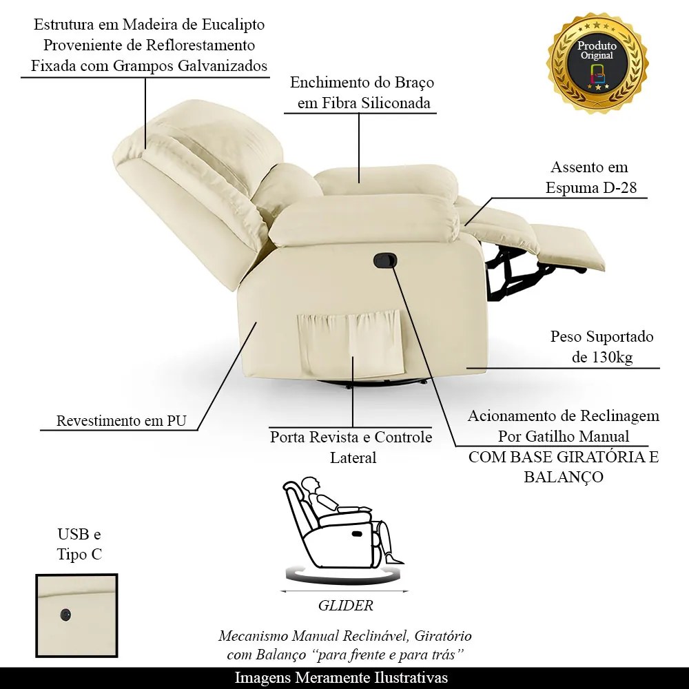 Poltrona do Papai Reclinável Melim Glider Giratória USB Sintético PU F FH1 - D'Rossi - Bege