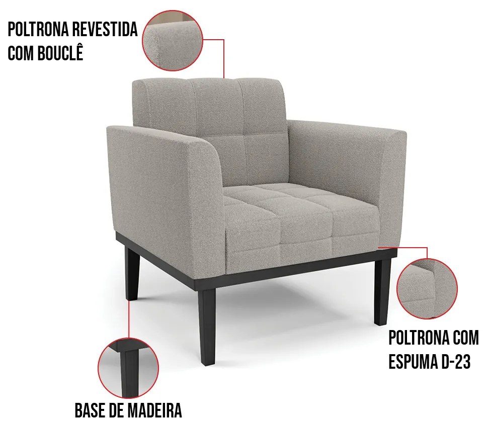 Poltrona para Sala Base Madeira Fixa Preto Elisa Bouclê Cinza D03 - D'Rossi