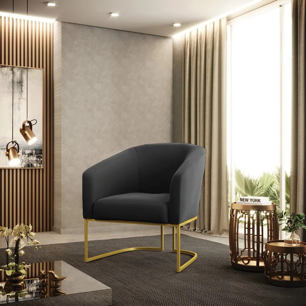 Poltrona Decorativa Industrial Dourado kit 2 Stella Suede D03 - D'Rossi - Preto
