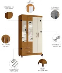 Guarda Roupa Solteiro 103cm com Espelho Dony A02 Off/Cinamomo - Mpozen