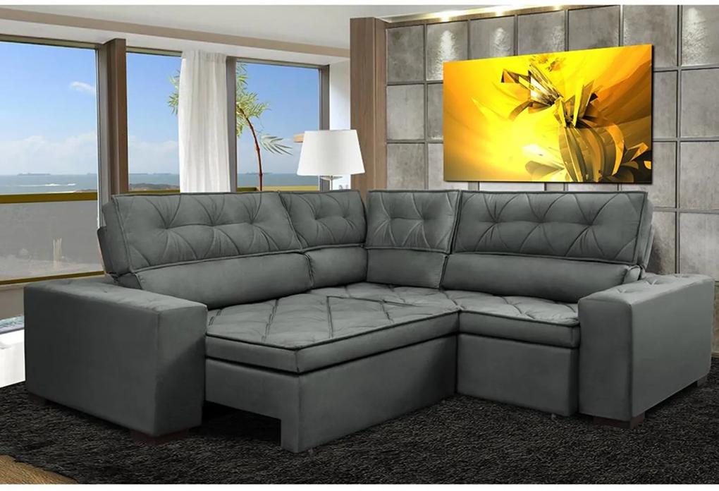 Sofa de Canto Retrátil e Reclinável com Molas Cama inBox Austin 2,30m x 2,30m Suede Velusoft Cinza