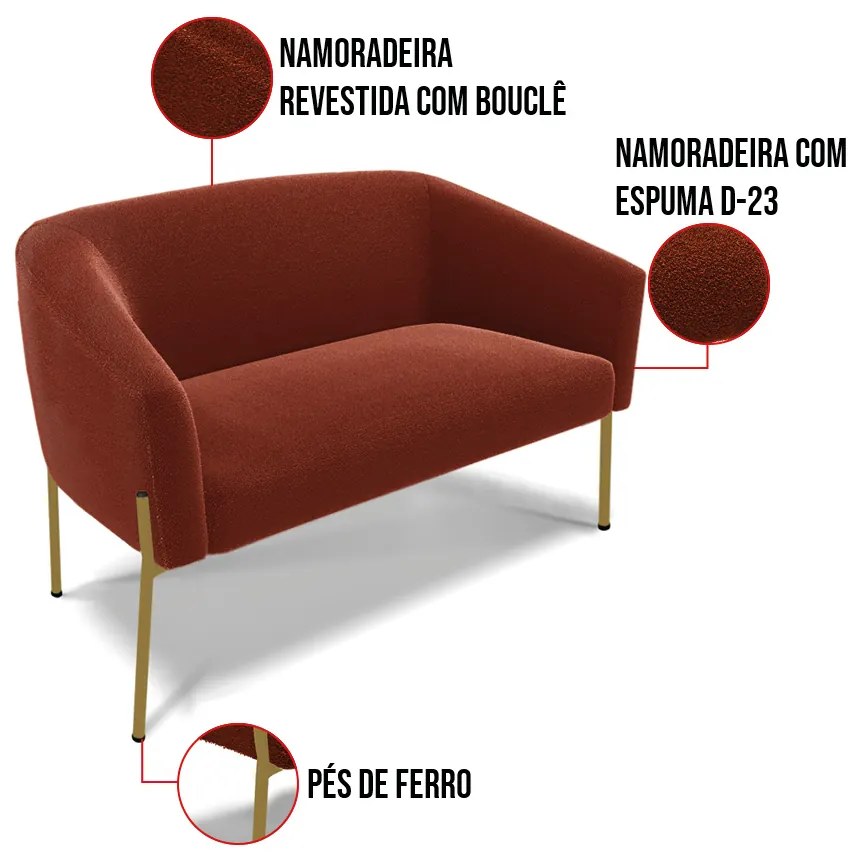Sofá 2 Lugares Namoradeira Pé de Ferro Dourado Stella Bouclê D03 - D'Rossi - Terra