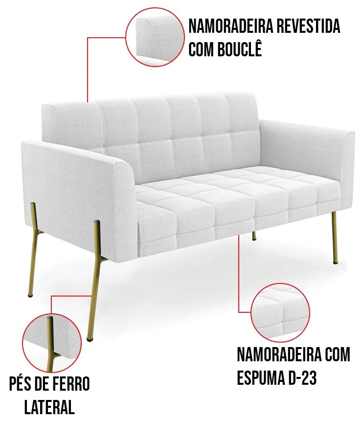 Sofá Namoradeira 2 Lugares Pé Ferro Dourado Elisa Bouclê Off White D03 - D'Rossi