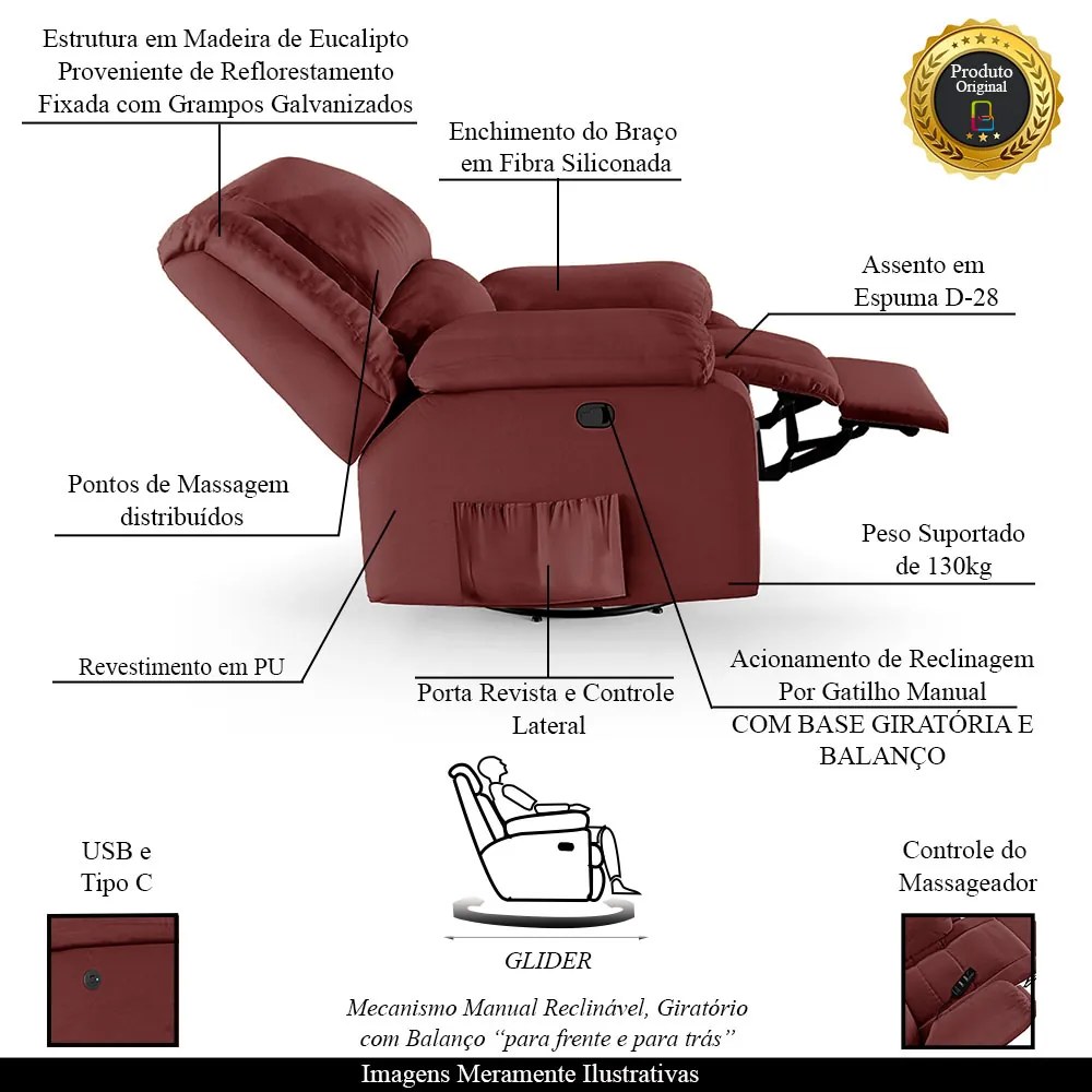 Poltrona do Papai Reclinável Melim Glider Giratória Massagem Sintético PU  F FH1 - D'Rossi - Vermelho