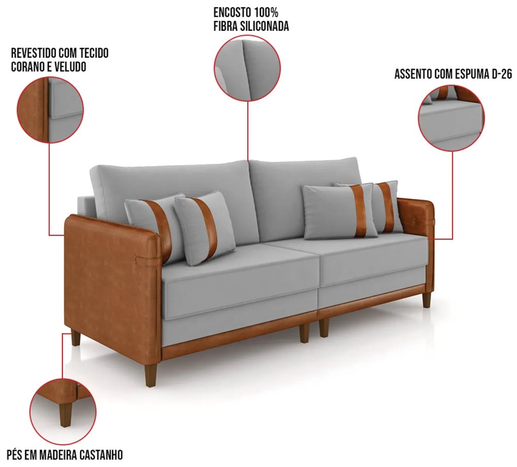 Sofá 3 Lugares Living 192cm Pé Madeira Valença Nozes/Veludo Cinza K01 - D'Rossi