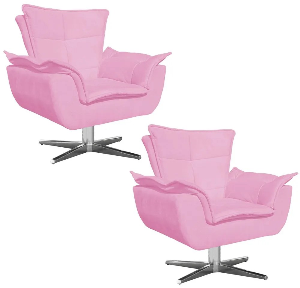 Kit 02 Poltronas Giratória Opala Suede Rosa Bebê Base Estrela Cromada D'Rossi