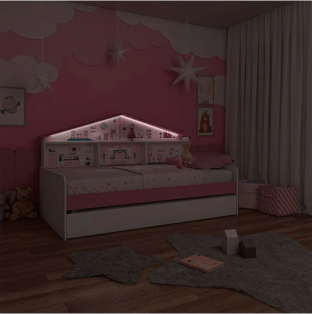 Cama Infantil Casa De Boneca Com Cama Auxiliar E Luz/Led Pura Magia