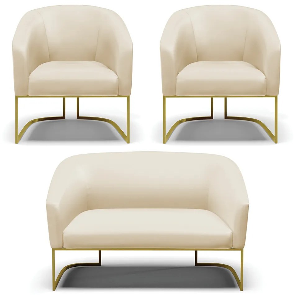 Namoradeira e 2 Poltronas Industrial Dourado Stella Sintético D03 - D'Rossi - Bege