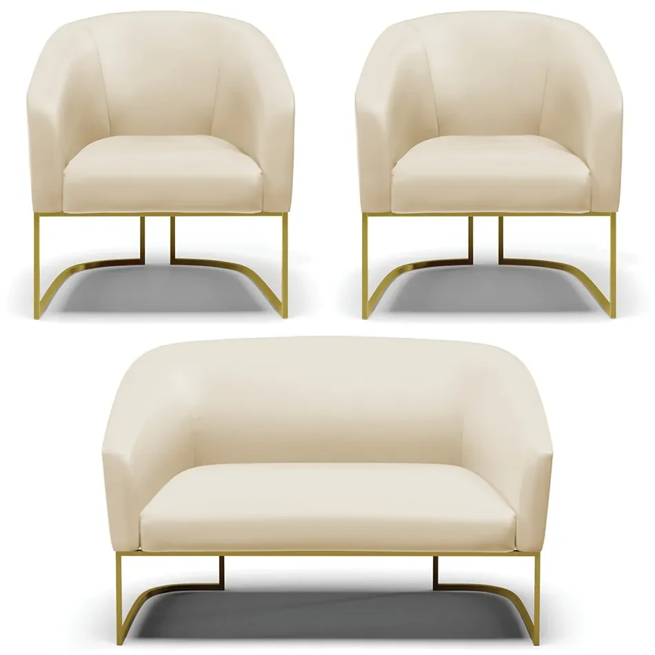 Namoradeira e 2 Poltronas Industrial Dourado Stella Sintético D03 - D'Rossi - Bege