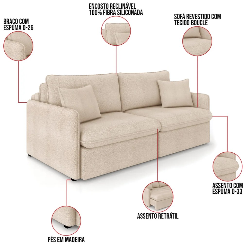 Sofá Retrátil Reclinável 3 Lugares 194cm Maili Bouclê K01 - D'Rossi - Creme