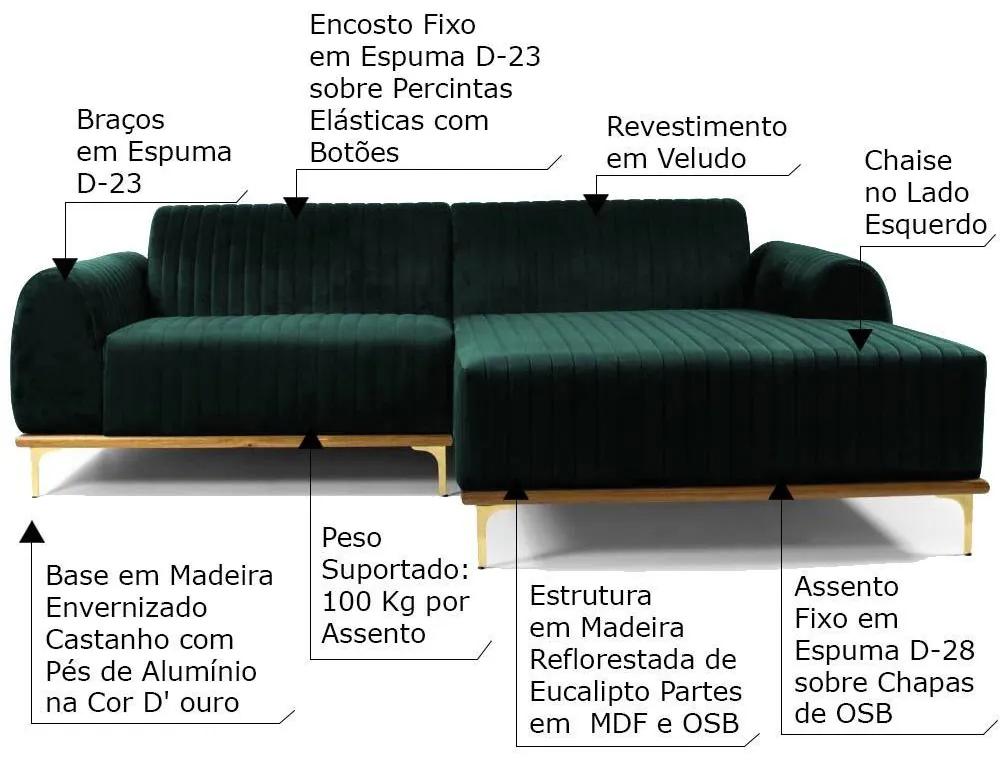Sofá 3 Lugares Bipartido com Chaise Lado Esquerdo Base de Madeira Euro 230 cm Veludo Verde G15 - Gran Belo