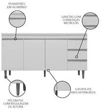 Balcão Gabinete Para Pia 160cm com Tampo 3 Portas Andréia Branco - AJL