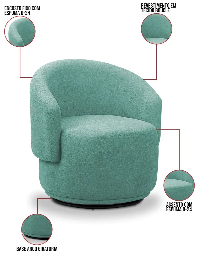 Poltrona Decorativa Orgânica Giratória Névoa Bouclê Azul Turquesa E03 - D'Rossi
