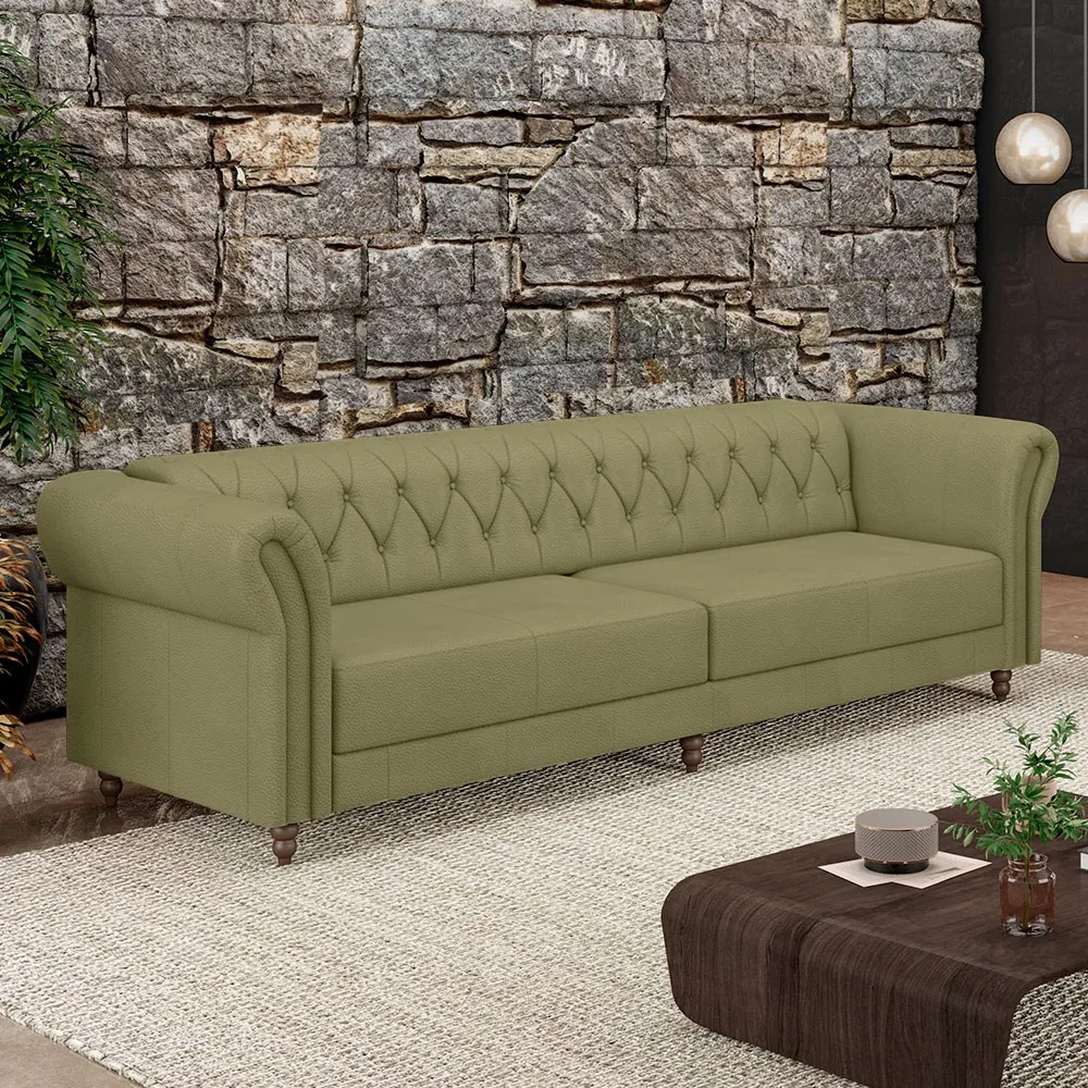 Sofá Living Sala de Estar Stanford Chesterfield 3 Lugares 260cm Pés de Madeira Couro Fendi G58 - Gran Belo