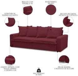 Sofá Retrátil Reclinável 3 Lugares 195cm Roma F05 Veludo Bordô - Mpoze