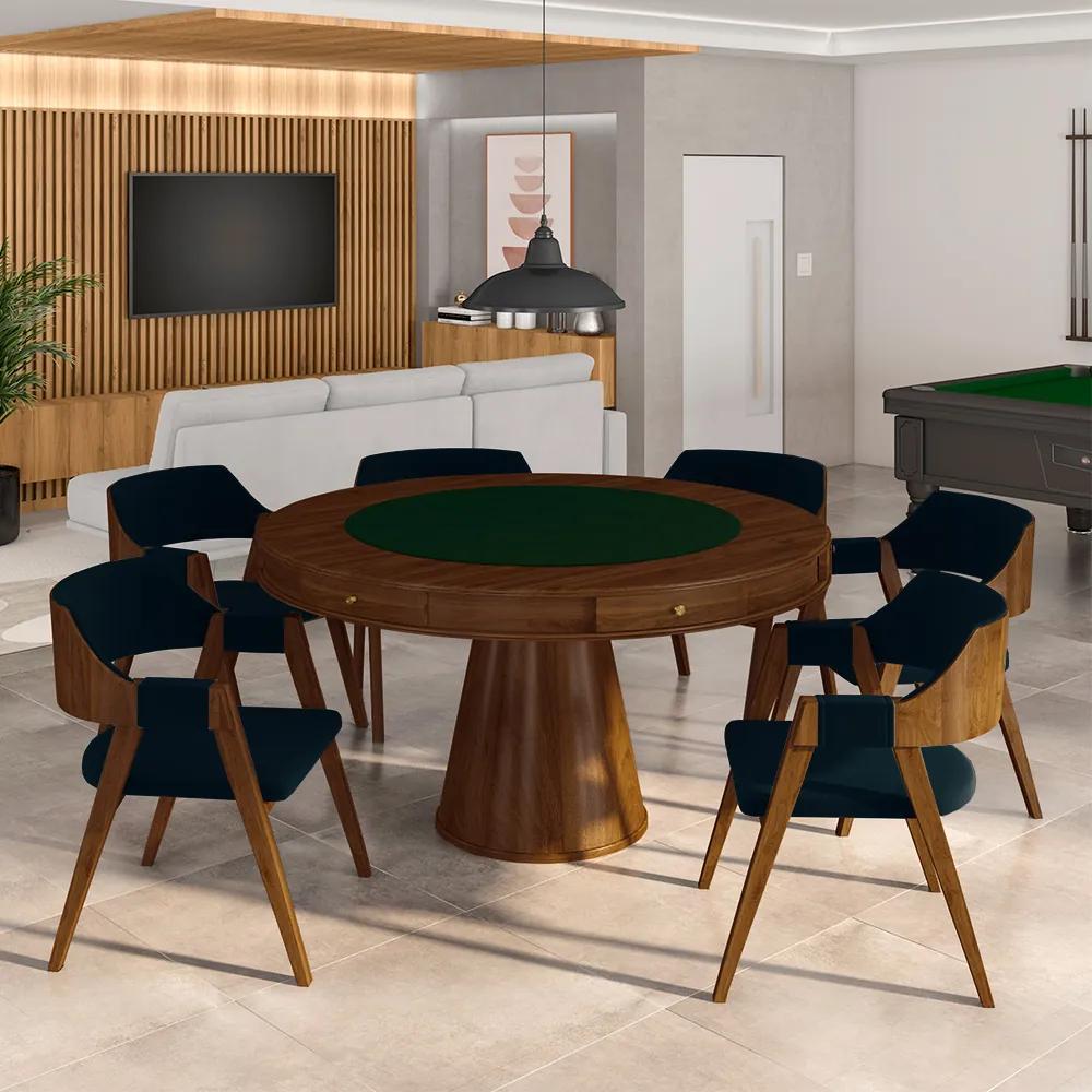 Conjunto Mesa de Jogos Carteado Bellagio Tampo Reversível e 6 Cadeiras Madeira Poker Base Cone Veludo Azul Marinho/Imbuia G42 - Gran Belo