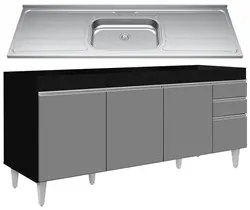 Balcão Gabinete Com Pia 180cm Dallas Preto/Cinza - Lumil