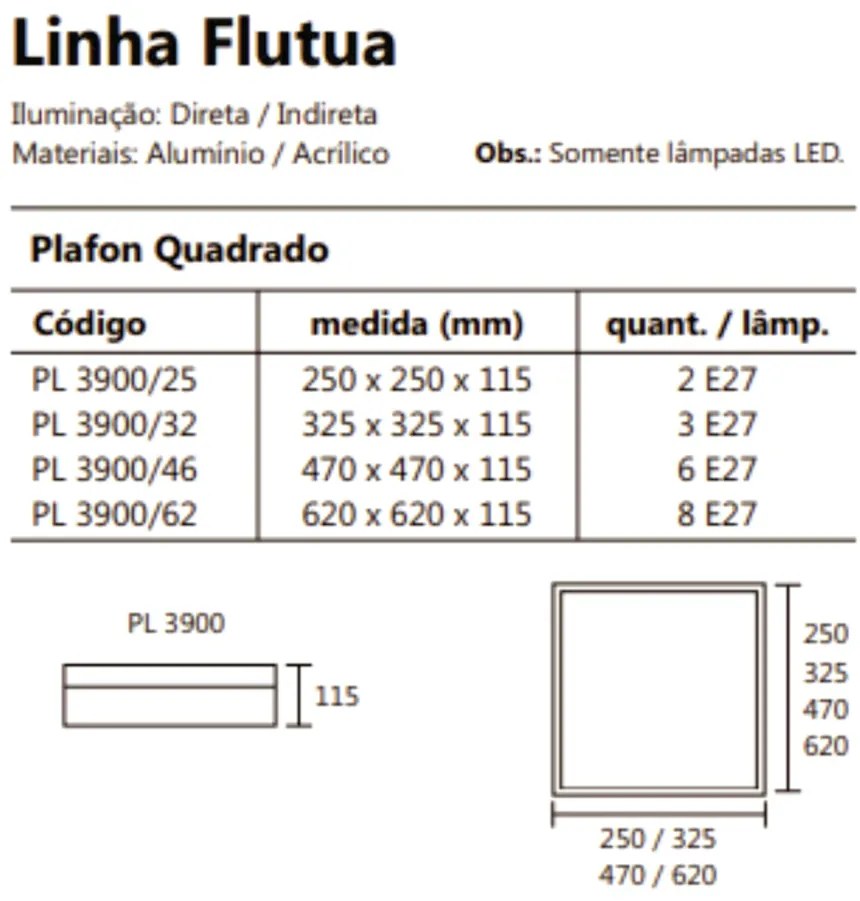 Plafon De Sobrepor Flutua Quadrado 25X25Cm 2Xe27 Metal E Acrílico | Us... (FN-F - Fendi Fosco)