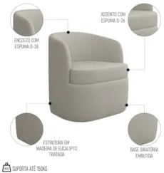 Kit 2 Poltronas Giratória Decorativa para Sala Dandara Z08 Boucle Bege