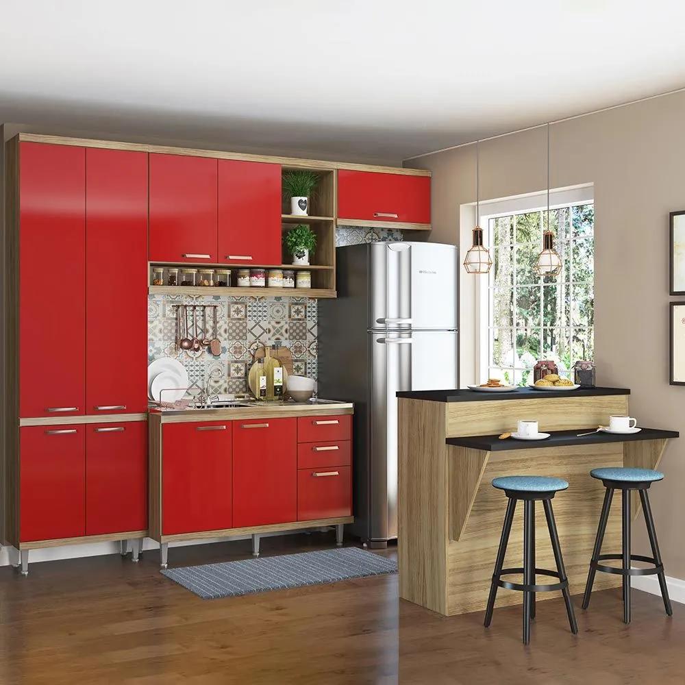 Cozinha Compacta 11 Portas S/ Tamp C/ Bancada 5845 Vermelho/Argila - Multimóveis
