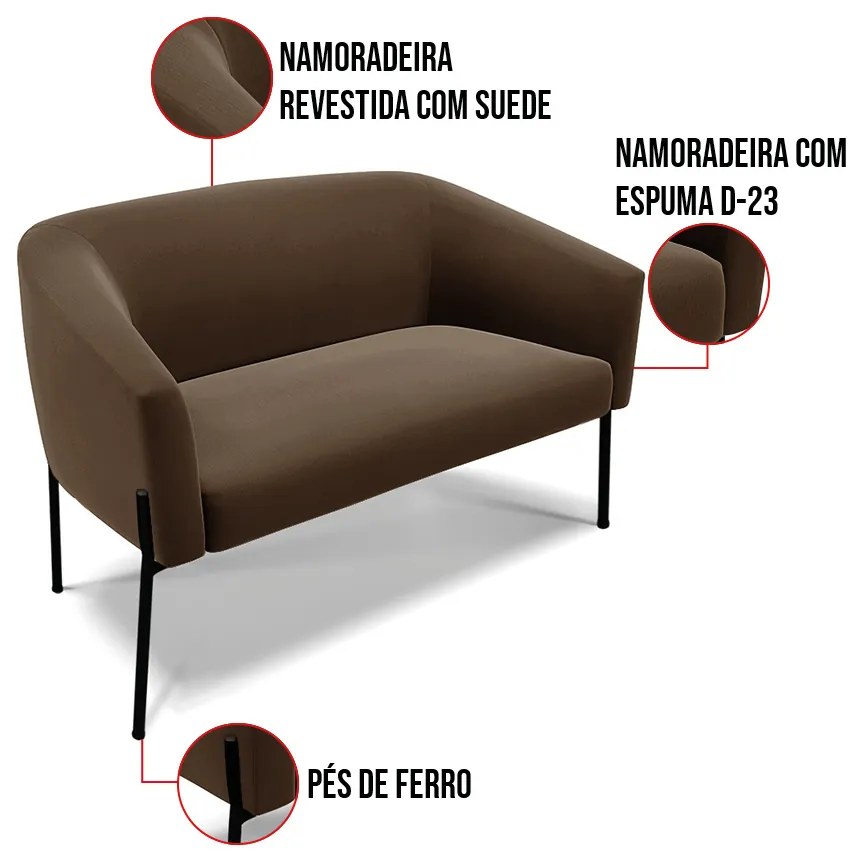 Sofá 2 Lugares Namoradeira Pé de Ferro Preto Stella Suede D03 - D'Rossi - Marrom