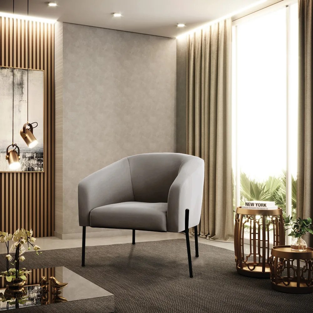 Poltrona Decorativa Pé de Ferro Preto Kit 2 Stella Veludo Cinza D03 - D'Rossi