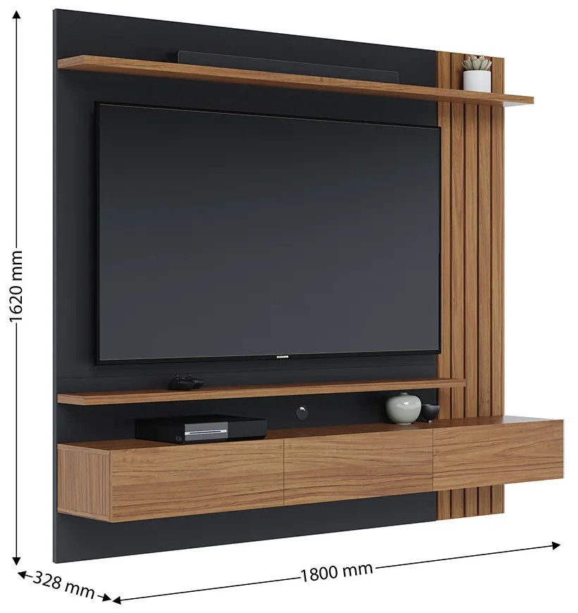 Painel TV 70 Pol 180cm Bancada Suspensa Ripado Luca C04 - D'Rossi - Noce Milano/Preto Fosco