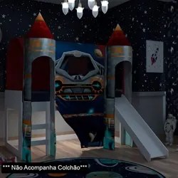 Cama Infantil com Escorregador Barraca 2 Torres LED Nave Espacial P13