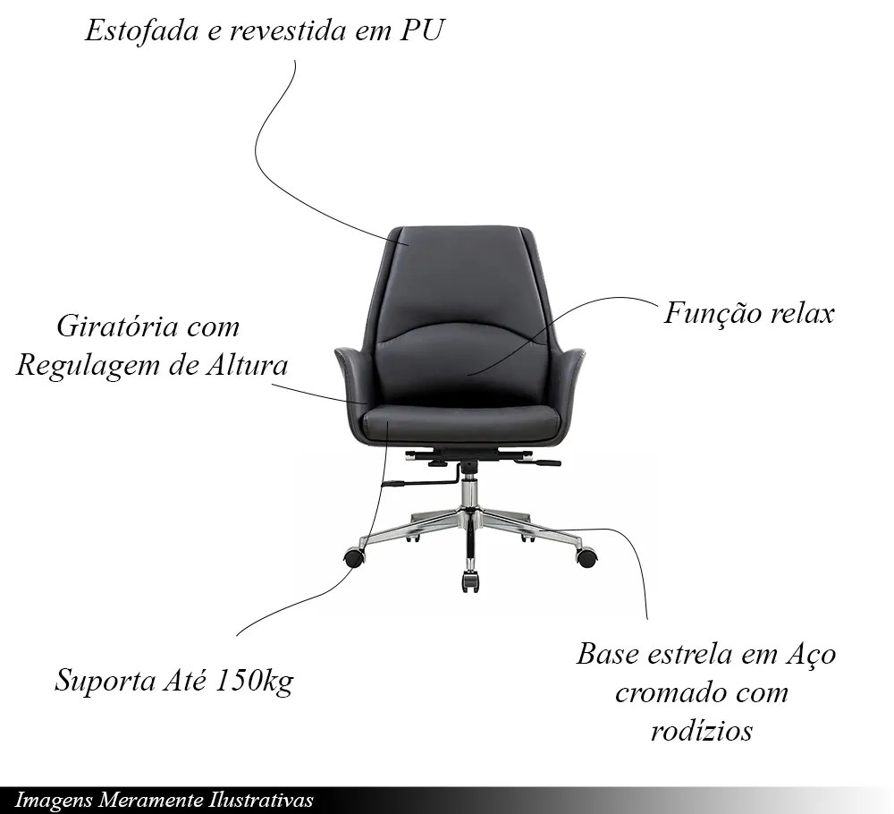 Cadeira de Escritório Office Diretor United com Rodízios Giratória Base Estrela PU Preto G56 - Gran Belo