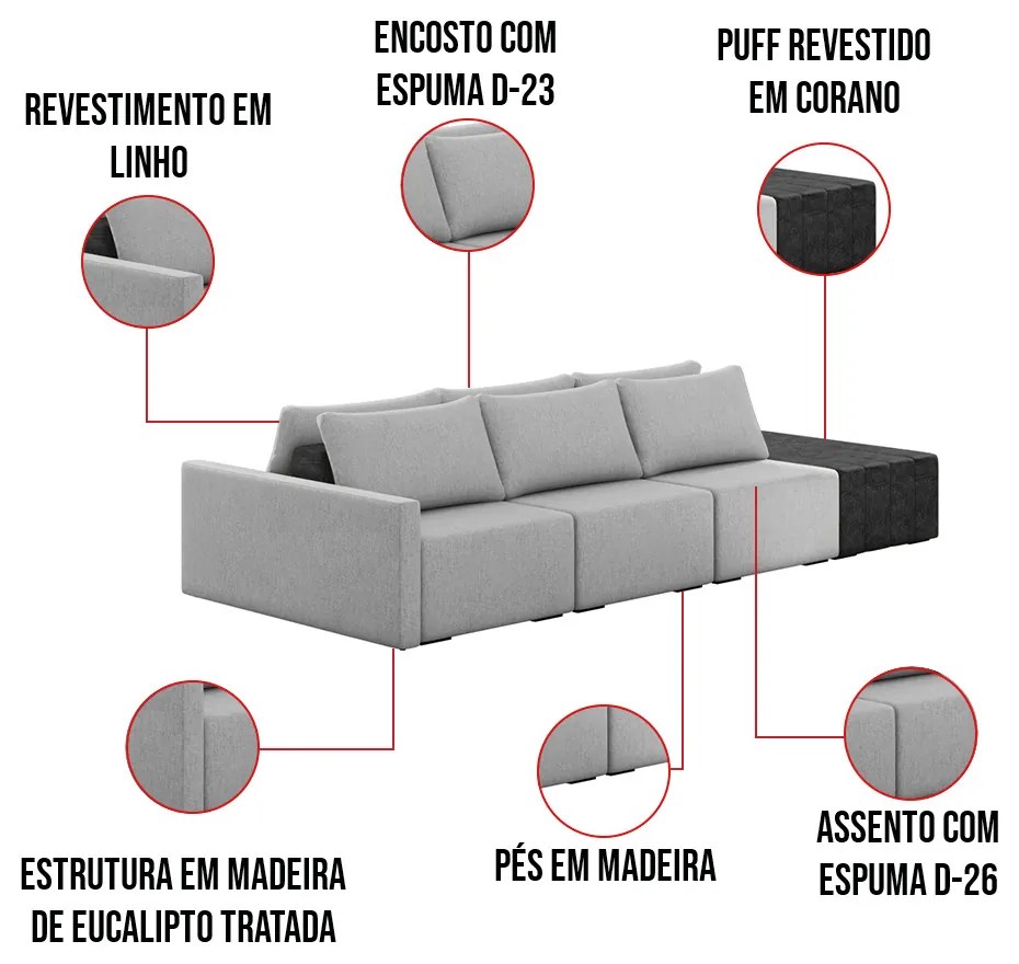 Sofá Ilha 3 Lugares Living 372cm Modulado para Sala Lary Linho/PU Pto K01 - D'Rossi - Cinza