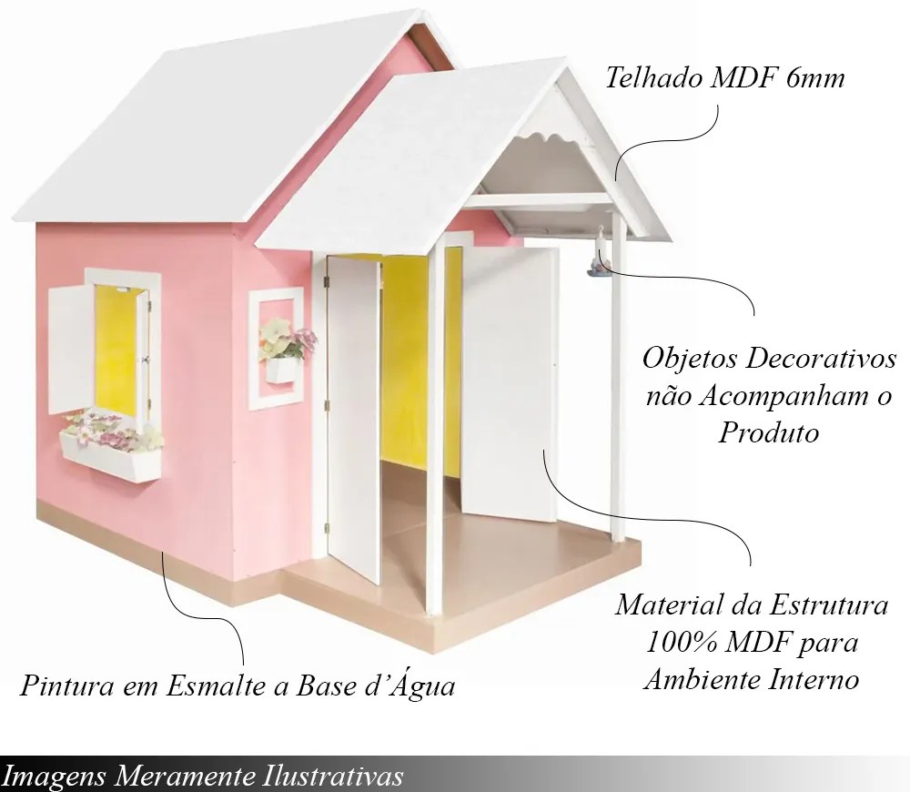 Casinha de Brinquedo Artesanal MDF com Telhado Branco/Rosa L12 - Gran Belo