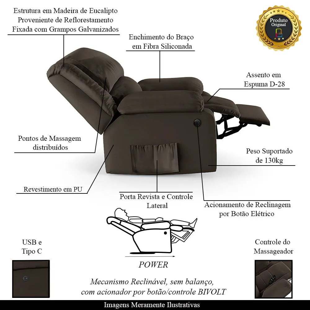 Poltrona do Papai Reclinável Melim Power Elétrica Massagem Sintético PU FH1 - D'Rossi - Marrom