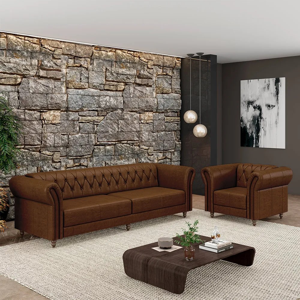 Conjunto Sala de Estar 1 Sofá Living 260cm e 1 Poltrona Stanford Chesterfield Pés Madeira Couro Marrom Manchado G58 - Gran Belo