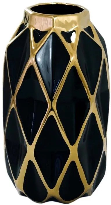 Vaso Decorativo Preto com Detalhes em Dourado - 24x13x13cm