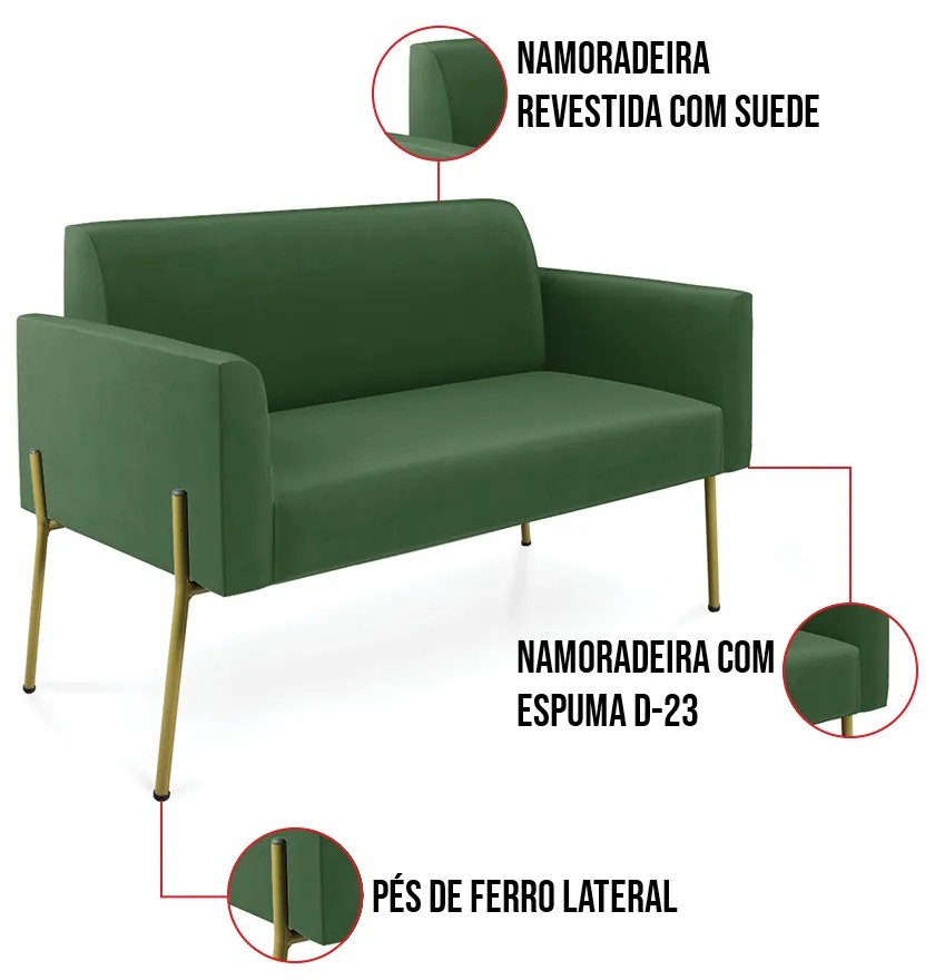 Sofá Namoradeira e 2 Poltronas Pé de Ferro Dourado Marisa Suede D03 - D'Rossi - Verde