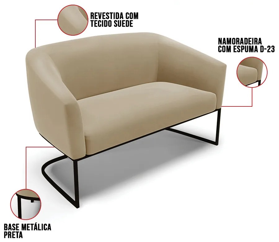 Sofá 2 Lugares Namoradeira Industrial Preto Stella Suede D03 - D'Rossi - Marrom Rato