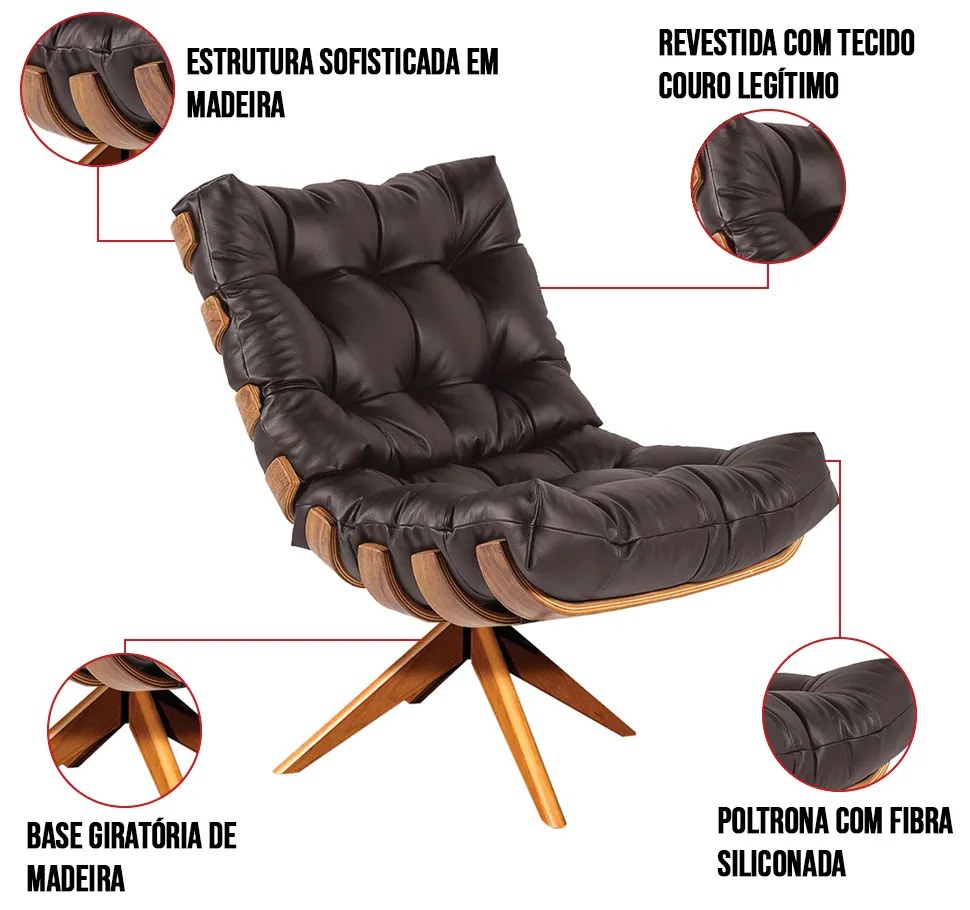Poltrona Giratória Costela Couro Marrom Base de Madeira MA30 M11 - D'Rossi