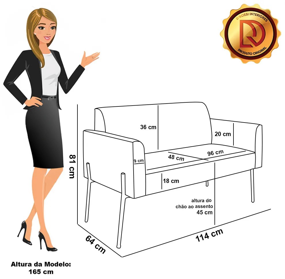 Sofá Namoradeira 2 Lugares Pé de Ferro Preto Marisa Veludo D03 - D'Rossi - Cinza