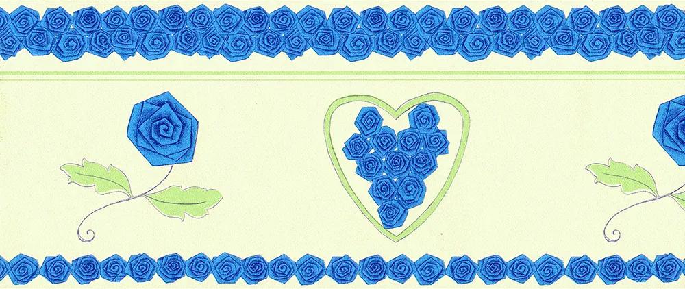 Faixa De Parede Rosas E Coração Azul E Verde - Kawayi - Importado Lavá...