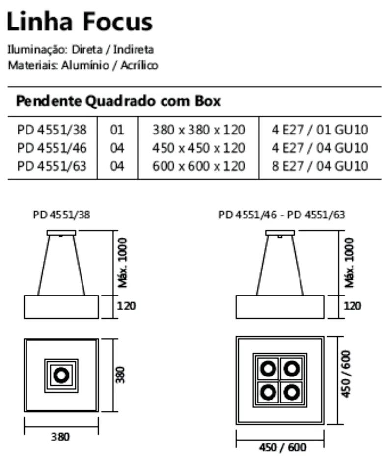 Pendente Quadrado Focus C/ 04 Box 8L E27 / 4L Gu10 60X60X12Cm | Usina... (FN-F - Fendi Fosco)