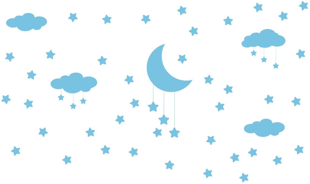 Adesivo de Parede Infantil Nuvens Lua e Estrelas Azul Quartinhos