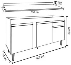 Balcão Gabinete para Pia com Tampo 150cm 3 Portas 1 Gaveta Dakota Pret