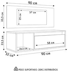 Penteadeira Camarim com Espelho Suspensa 90cm 1 Gaveta Elle M24 Preto