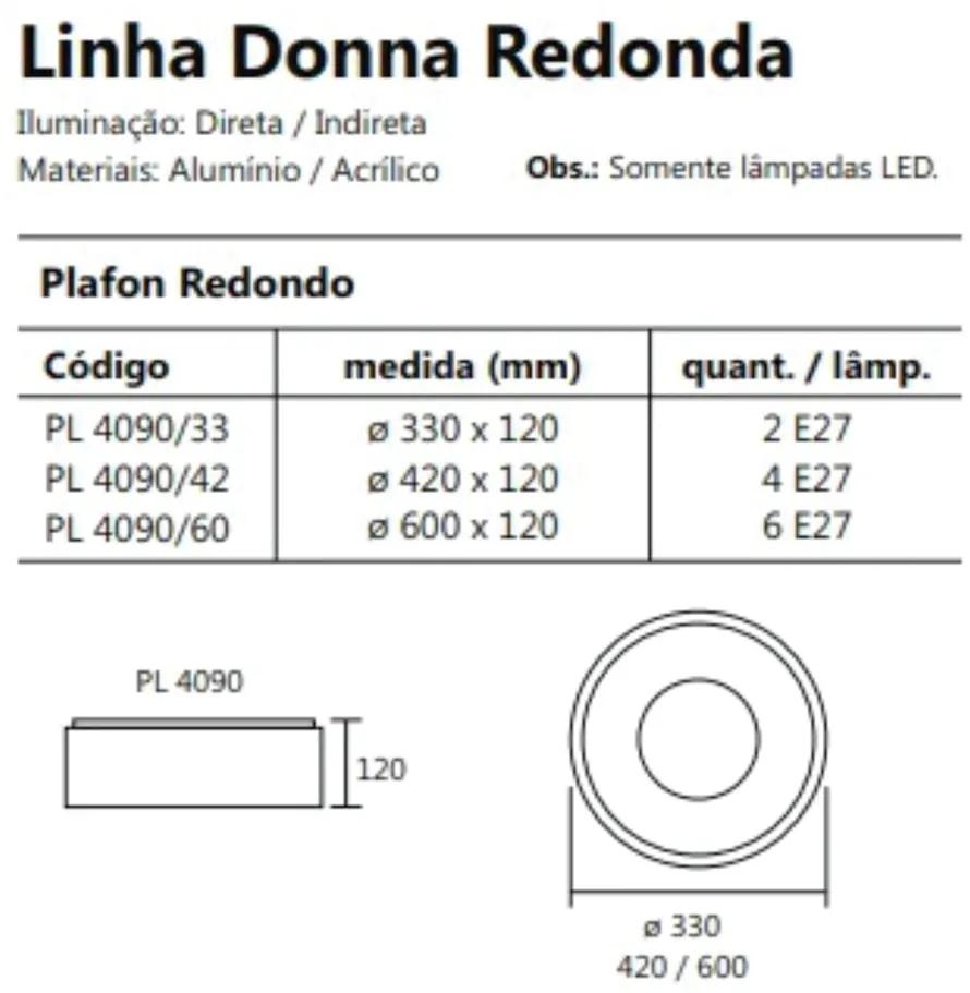 Plafon De Sobrepor Redondo Donna Ø33X12Cm 2Xe27 / Metal E Acrilico | U... (AV-M - Avelã Metálico)