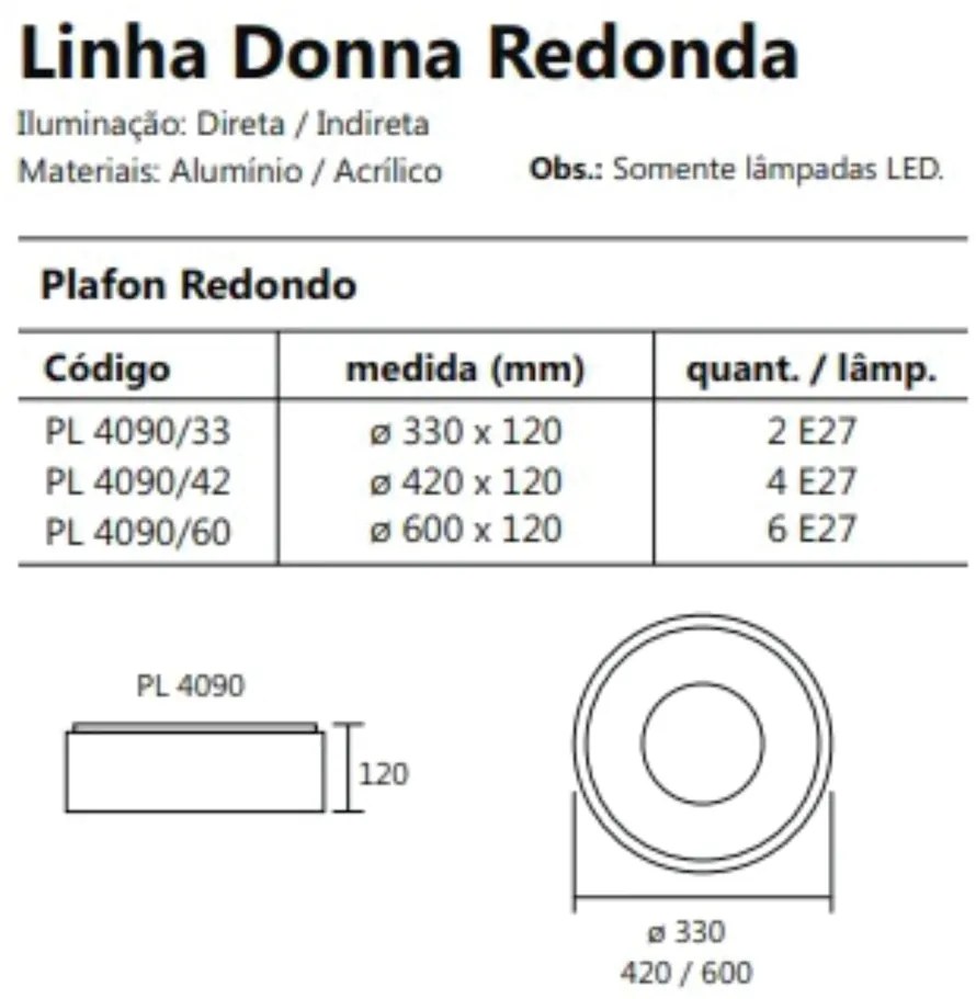 Plafon De Sobrepor Redondo Donna Ø33X12Cm 2Xe27 / Metal E Acrilico | U... (DR-V - Dourado Escovado)